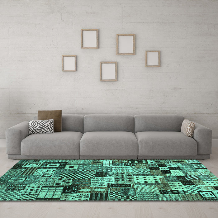 Machine Washable Abstract Turquoise Contemporary Area Rugs in a Living Room,, wshcon1598turq