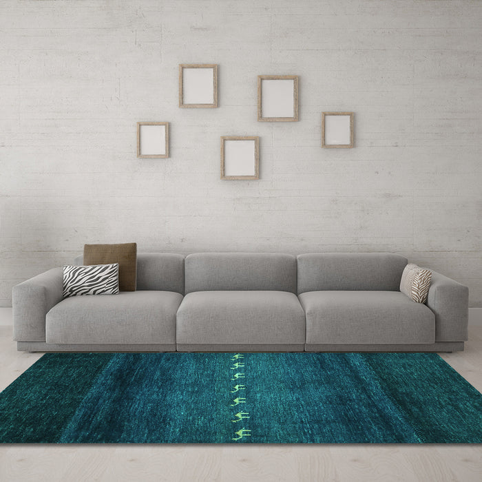 Machine Washable Abstract Turquoise Contemporary Area Rugs in a Living Room,, wshcon1599turq