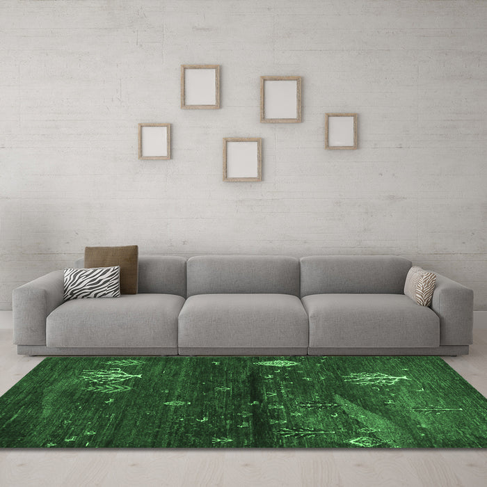 Machine Washable Abstract Emerald Green Contemporary Area Rugs in a Living Room,, wshcon1604emgrn