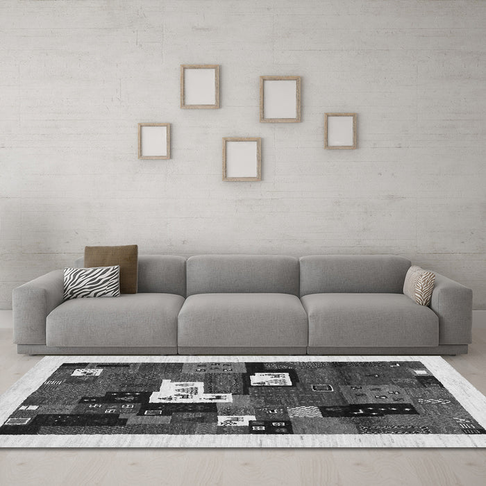 Machine Washable Abstract Gray Contemporary Rug in a Living Room,, wshcon1607gry