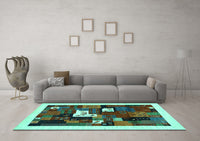 Machine Washable Abstract Turquoise Contemporary Rug, wshcon1607turq