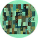 Round Machine Washable Abstract Turquoise Contemporary Area Rugs, wshcon1608turq