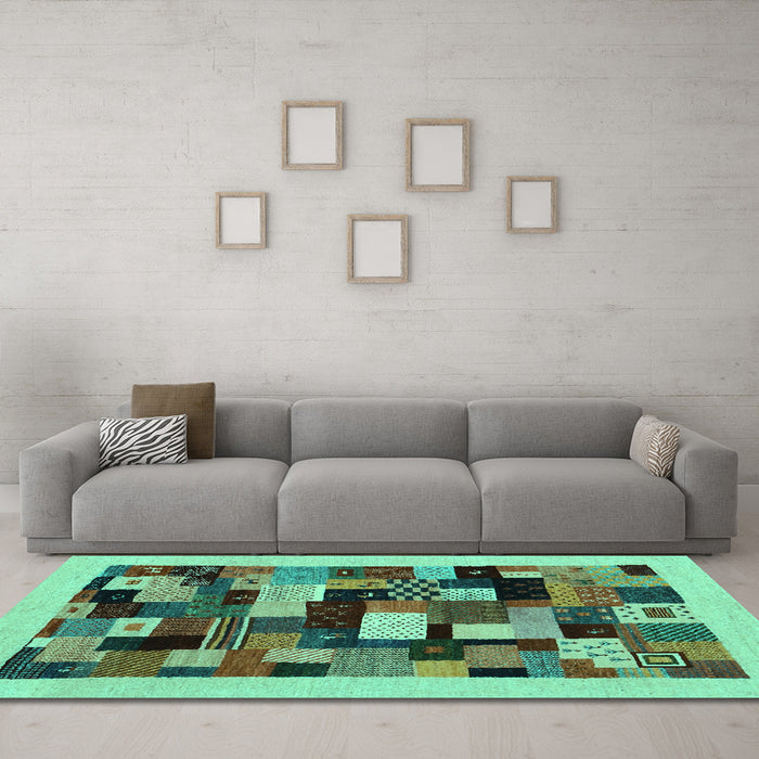 Machine Washable Abstract Turquoise Contemporary Area Rugs in a Living Room,, wshcon1608turq