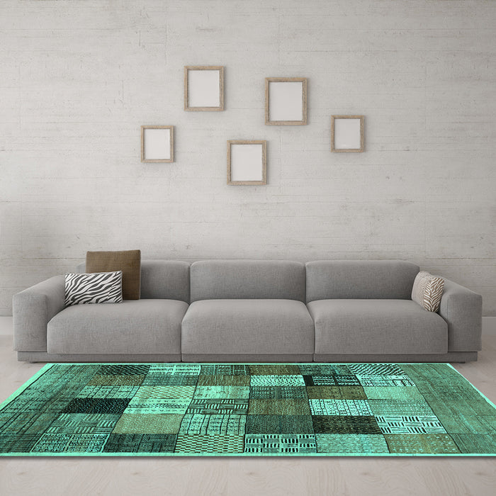 Machine Washable Checkered Turquoise Modern Area Rugs in a Living Room,, wshcon1609turq