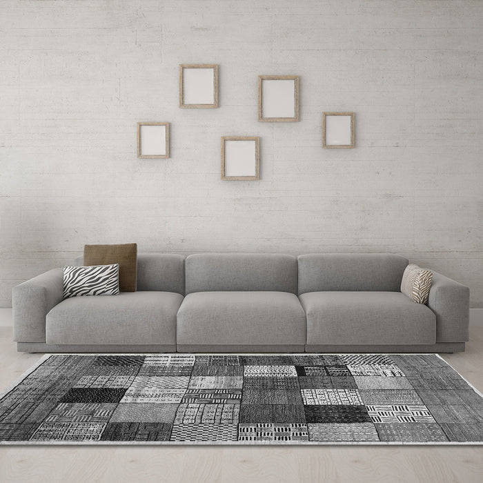 Machine Washable Checkered Gray Modern Rug in a Living Room,, wshcon1609gry