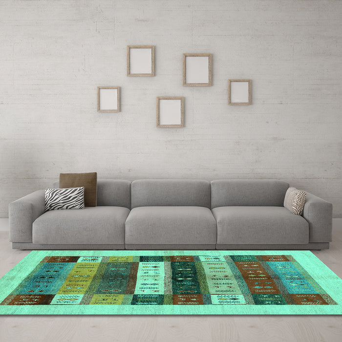 Machine Washable Abstract Turquoise Contemporary Area Rugs in a Living Room,, wshcon1614turq