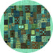 Round Machine Washable Abstract Turquoise Contemporary Area Rugs, wshcon1615turq