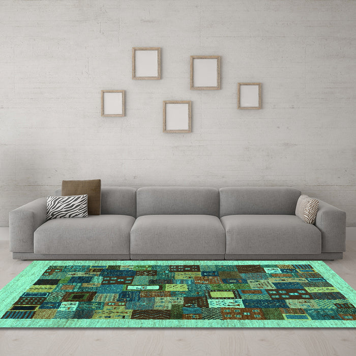 Machine Washable Abstract Turquoise Contemporary Area Rugs in a Living Room,, wshcon1615turq
