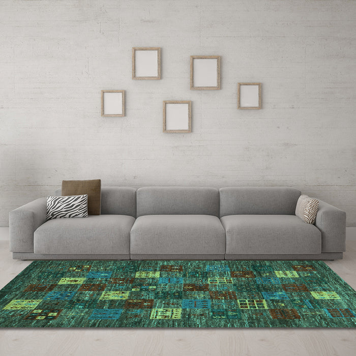 Machine Washable Abstract Turquoise Contemporary Area Rugs in a Living Room,, wshcon1616turq