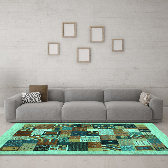 Machine Washable Abstract Turquoise Contemporary Area Rugs in a Living Room,, wshcon1618turq