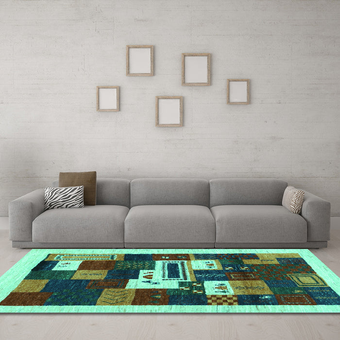 Machine Washable Abstract Turquoise Contemporary Area Rugs in a Living Room,, wshcon1622turq