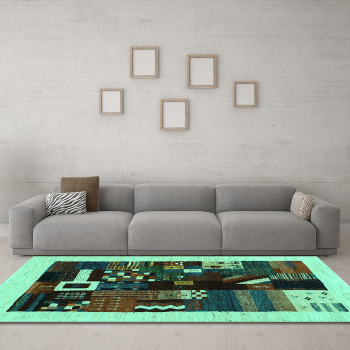 Machine Washable Abstract Turquoise Contemporary Area Rugs in a Living Room,, wshcon1623turq