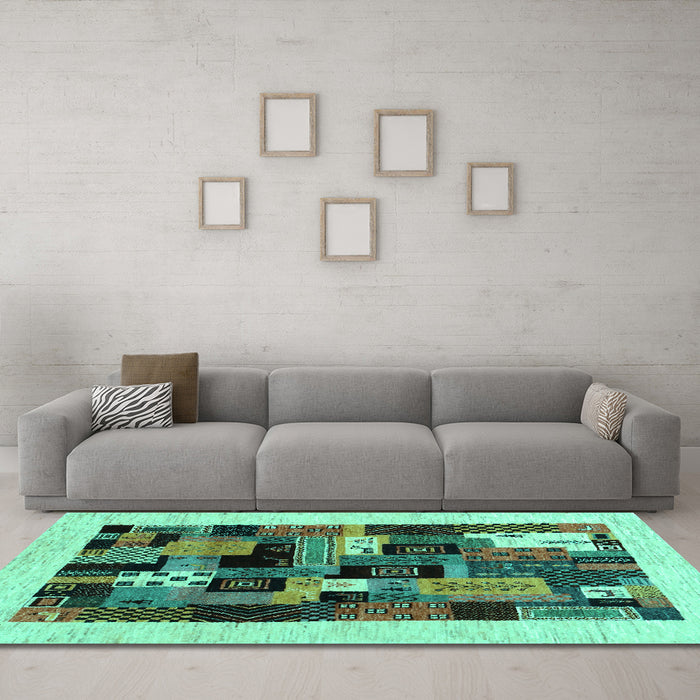 Machine Washable Abstract Turquoise Contemporary Area Rugs in a Living Room,, wshcon1625turq