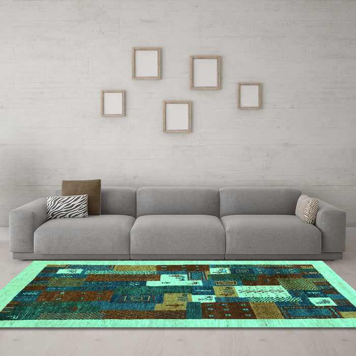 Machine Washable Abstract Turquoise Contemporary Area Rugs in a Living Room,, wshcon1626turq