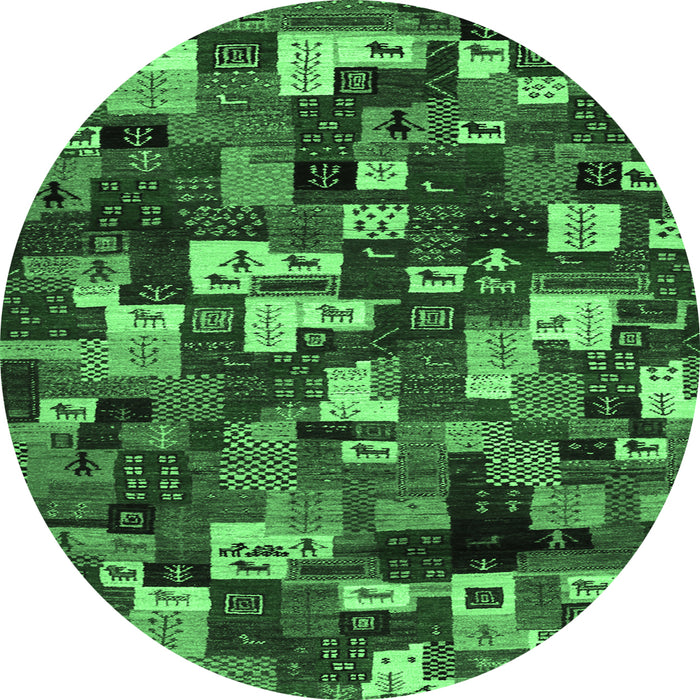 Round Machine Washable Abstract Emerald Green Contemporary Area Rugs, wshcon1628emgrn