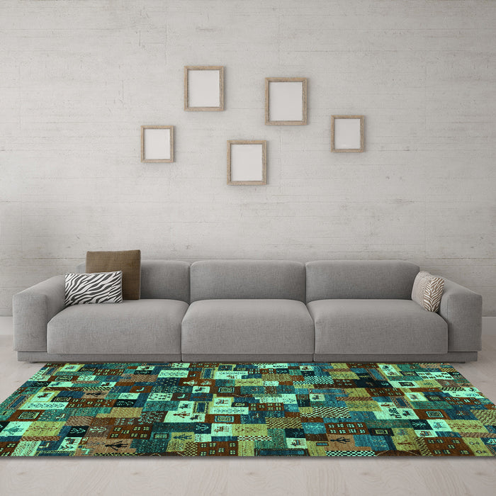 Machine Washable Abstract Turquoise Contemporary Area Rugs in a Living Room,, wshcon1628turq