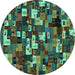 Round Machine Washable Abstract Turquoise Contemporary Area Rugs, wshcon1628turq