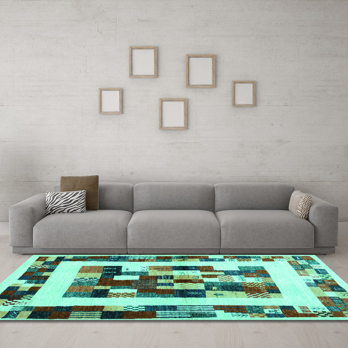 Machine Washable Abstract Turquoise Contemporary Area Rugs in a Living Room,, wshcon1629turq