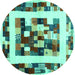 Round Machine Washable Abstract Turquoise Contemporary Area Rugs, wshcon1629turq