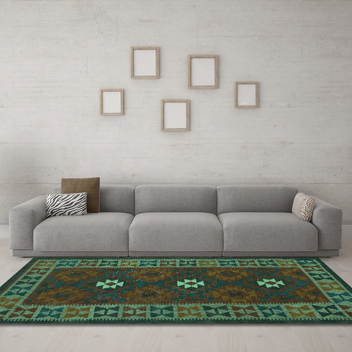 Machine Washable Oriental Turquoise Traditional Area Rugs in a Living Room,, wshcon1630turq