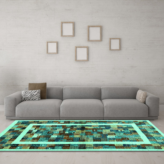 Machine Washable Abstract Turquoise Contemporary Area Rugs in a Living Room,, wshcon1635turq