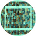 Round Machine Washable Abstract Turquoise Contemporary Area Rugs, wshcon1635turq