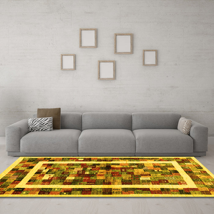 Machine Washable Abstract Yellow Contemporary Rug in a Living Room, wshcon1635yw