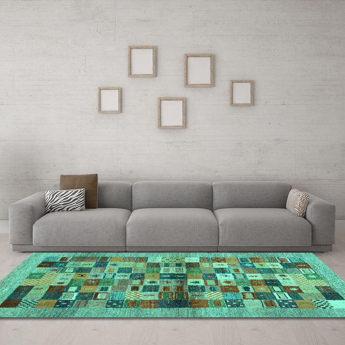 Machine Washable Abstract Turquoise Contemporary Area Rugs in a Living Room,, wshcon1636turq