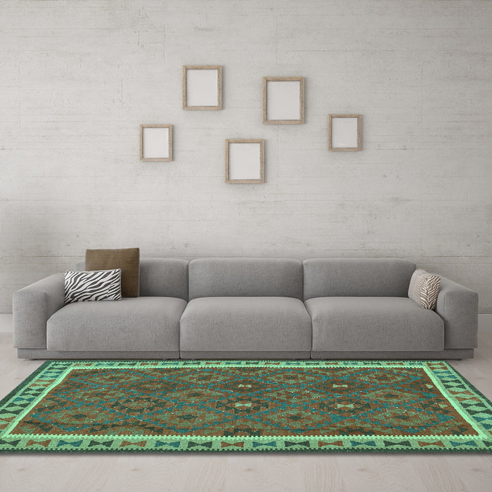 Machine Washable Oriental Turquoise Traditional Area Rugs in a Living Room,, wshcon1645turq