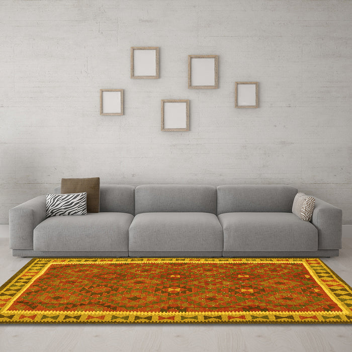 Machine Washable Oriental Yellow Traditional Rug in a Living Room, wshcon1645yw
