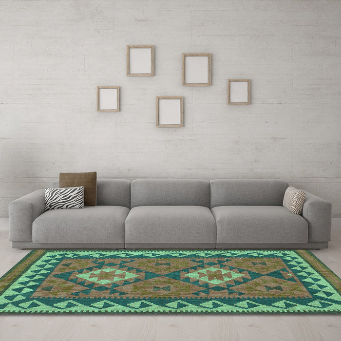 Machine Washable Oriental Turquoise Traditional Area Rugs in a Living Room,, wshcon1646turq