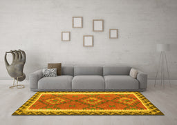 Machine Washable Oriental Yellow Traditional Rug in a Living Room, wshcon1647yw