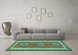 Machine Washable Oriental Turquoise Traditional Area Rugs in a Living Room,, wshcon1647turq