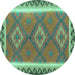 Round Machine Washable Oriental Turquoise Traditional Area Rugs, wshcon1647turq