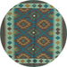 Round Machine Washable Southwestern Light Blue Country Rug, wshcon1648lblu