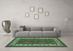 Machine Washable Southwestern Turquoise Country Area Rugs in a Living Room,, wshcon1648turq