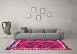 Machine Washable Oriental Pink Traditional Rug in a Living Room, wshcon1657pnk