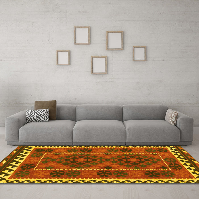 Machine Washable Oriental Yellow Traditional Rug in a Living Room, wshcon1657yw