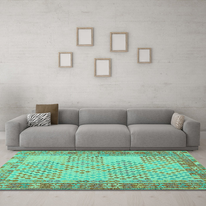 Machine Washable Southwestern Turquoise Country Area Rugs in a Living Room,, wshcon1660turq