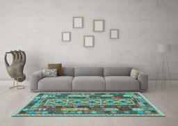 Machine Washable Southwestern Light Blue Country Rug in a Living Room, wshcon1661lblu