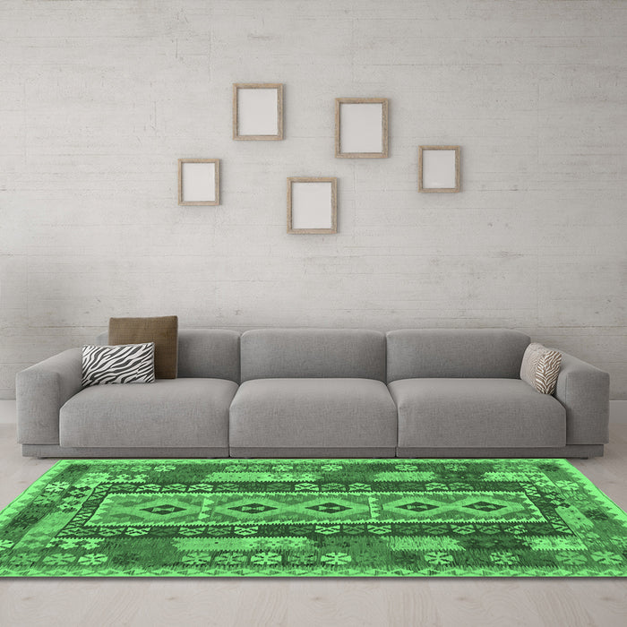 Machine Washable Southwestern Emerald Green Country Area Rugs in a Living Room,, wshcon1661emgrn