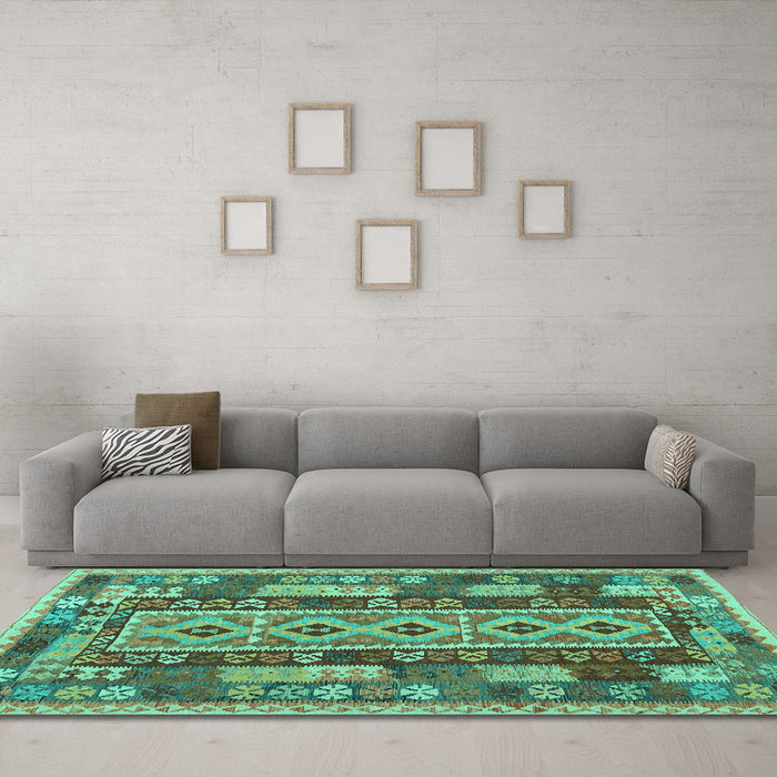 Machine Washable Southwestern Turquoise Country Area Rugs in a Living Room,, wshcon1661turq