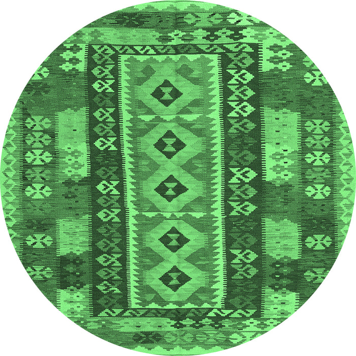 Round Machine Washable Southwestern Emerald Green Country Area Rugs, wshcon1661emgrn