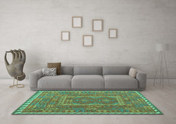 Machine Washable Oriental Turquoise Traditional Area Rugs in a Living Room,, wshcon1662turq