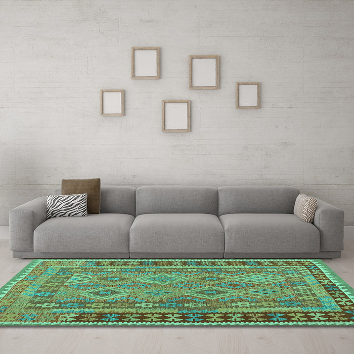 Machine Washable Southwestern Turquoise Country Area Rugs in a Living Room,, wshcon1663turq