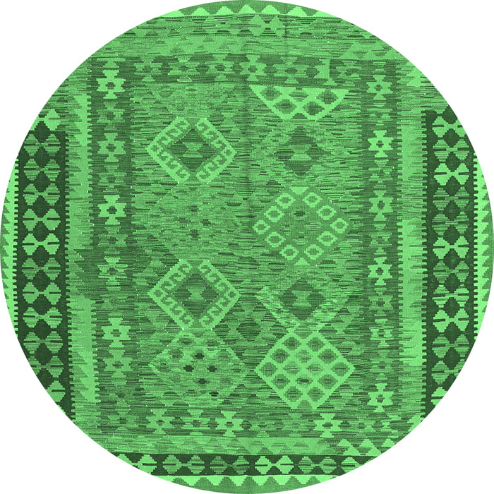 Round Machine Washable Southwestern Emerald Green Country Area Rugs, wshcon1663emgrn