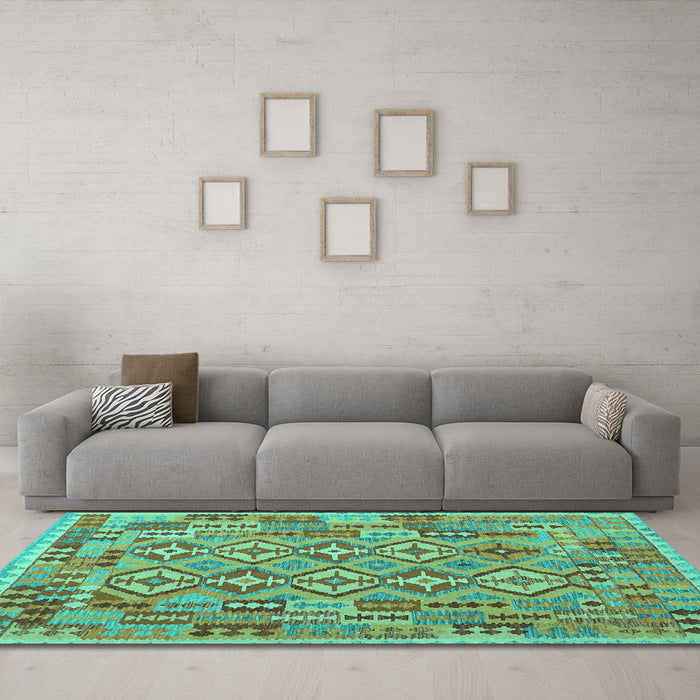 Machine Washable Southwestern Turquoise Country Area Rugs in a Living Room,, wshcon1664turq