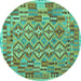 Round Machine Washable Southwestern Turquoise Country Area Rugs, wshcon1664turq