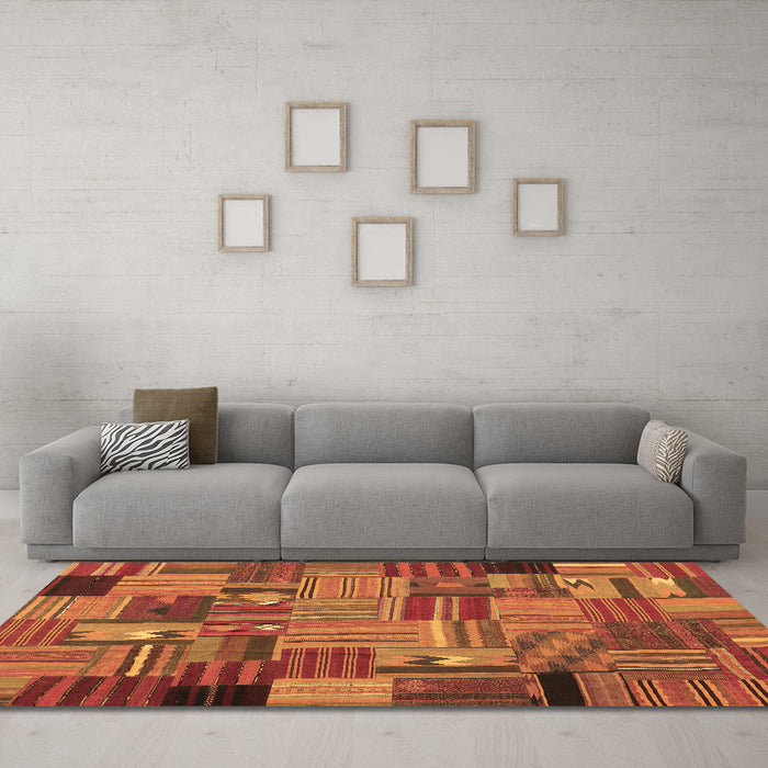 Machine Washable Patchwork Brown Transitional Rug in a Living Room,, wshcon1666brn
