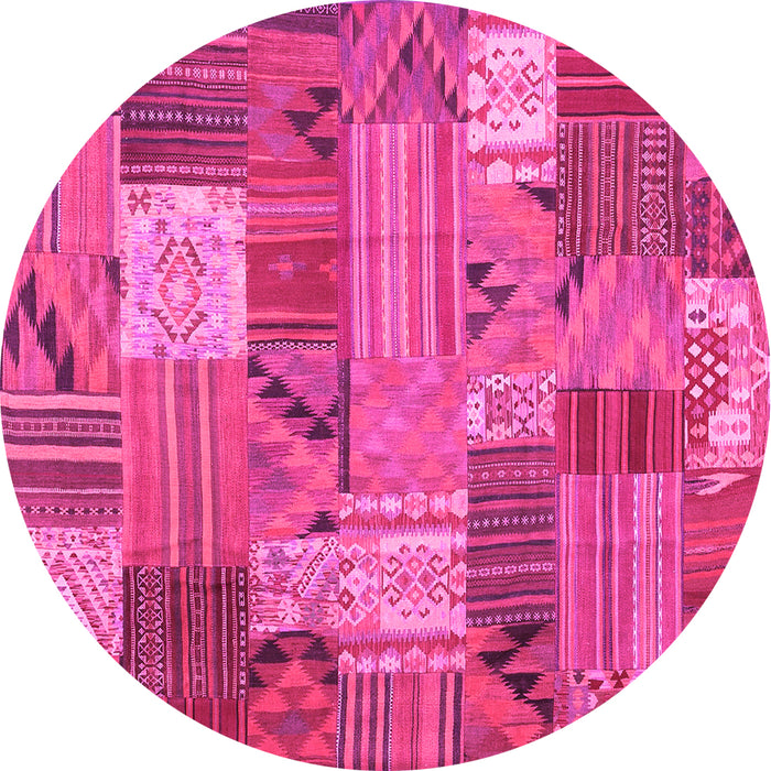 Round Machine Washable Patchwork Pink Transitional Rug, wshcon1667pnk